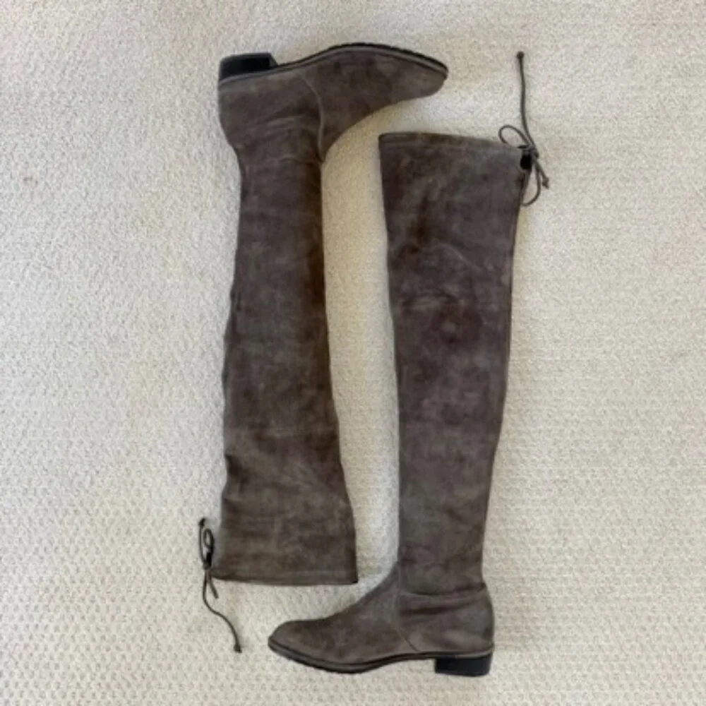Stuart Weitzman Lowland OTK Boots Gray Suede 7 Minimalist Feminine Quiet Luxury - Picture 2 of 10